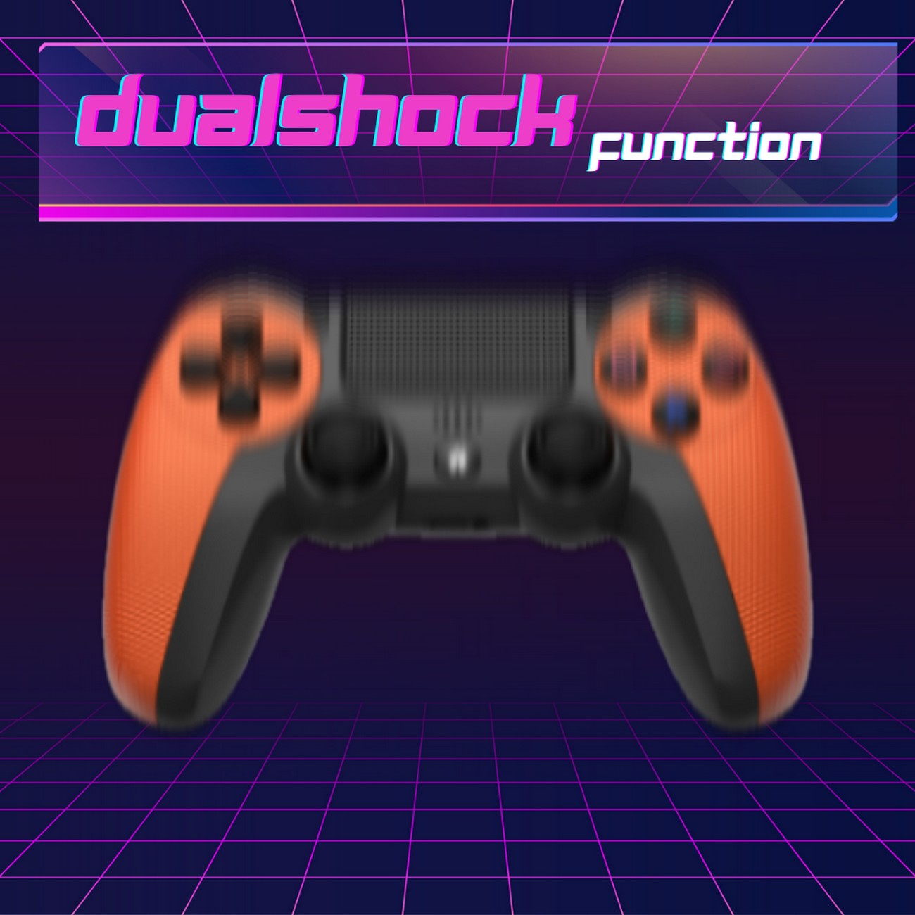 Mando de juegos naranja y negro. Fondo borroso con texto 'dualschock'.