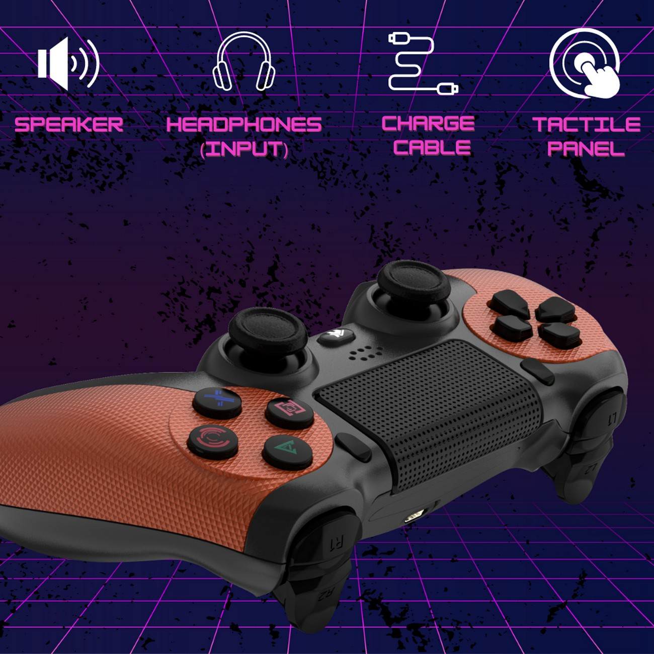 Un gamepad con botones naranjas y negros. La imagen está sobre un fondo de líneas y formas moradas.