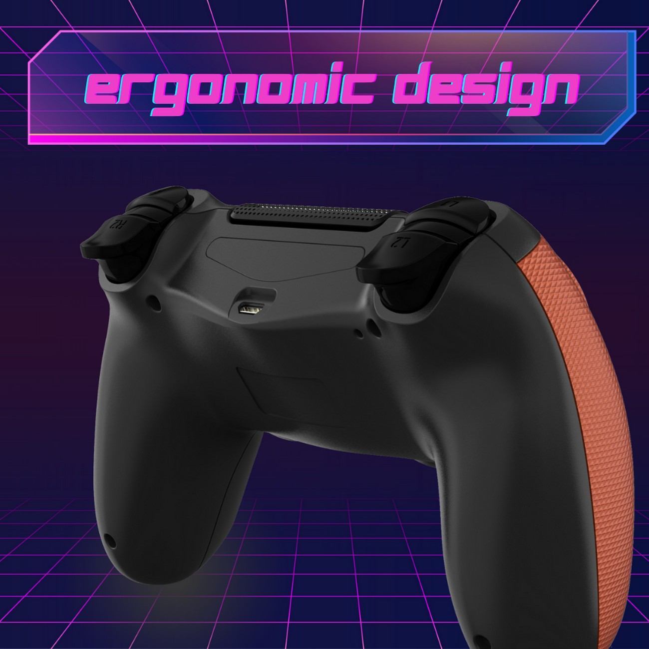 Mando negro con agarre naranja, texto diseño ergonómico. Fondo de cuadrícula morado y azul.