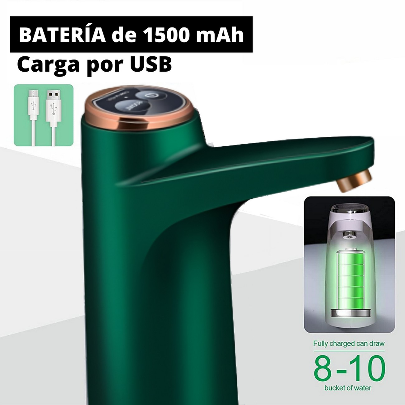 Un dispensador de agua verde con puerto de carga USB. Un gráfico muestra el nivel de batería.
