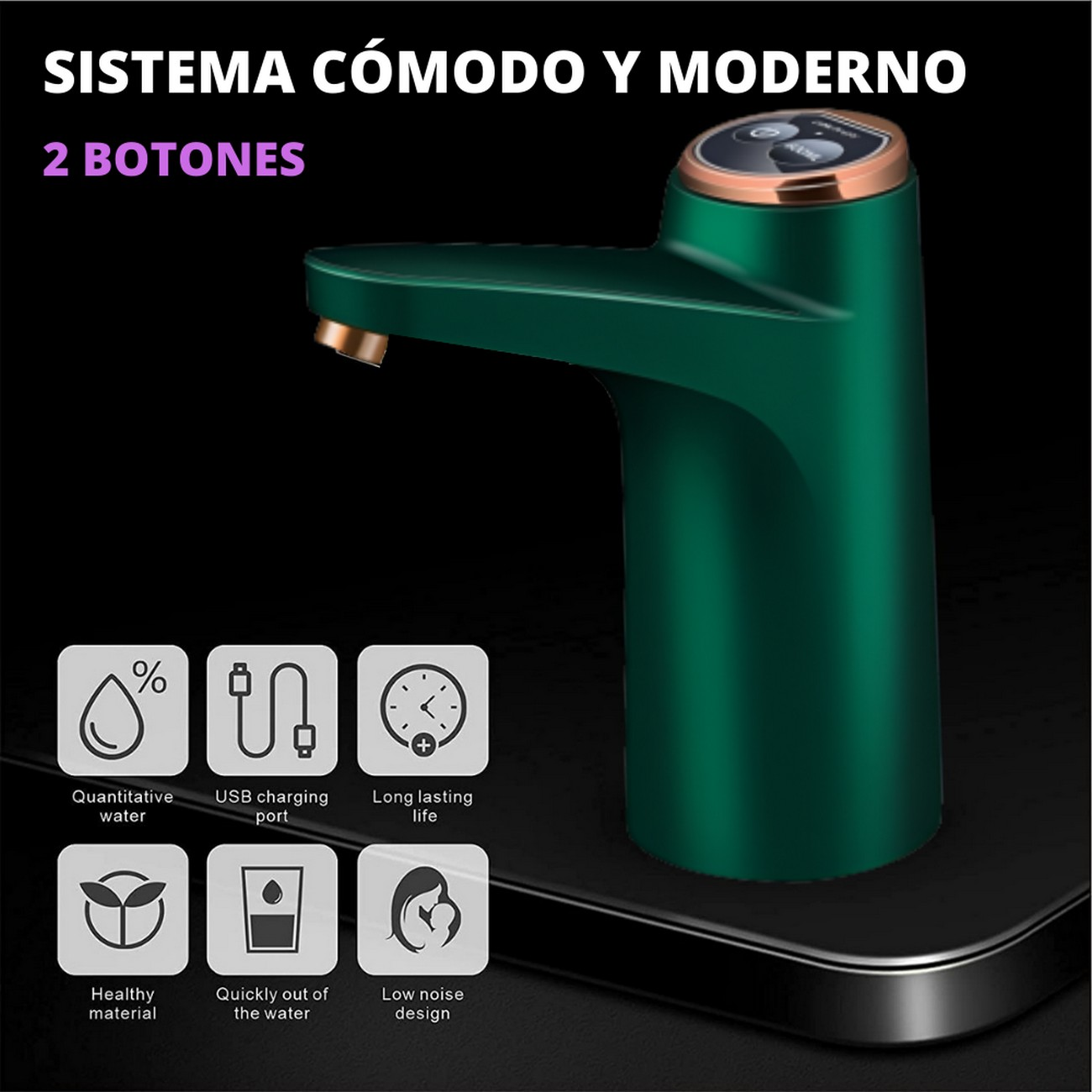 Dispensador de agua verde con detalles dorados. Iconos de calidad del agua, carga, larga duración y materiales saludables.