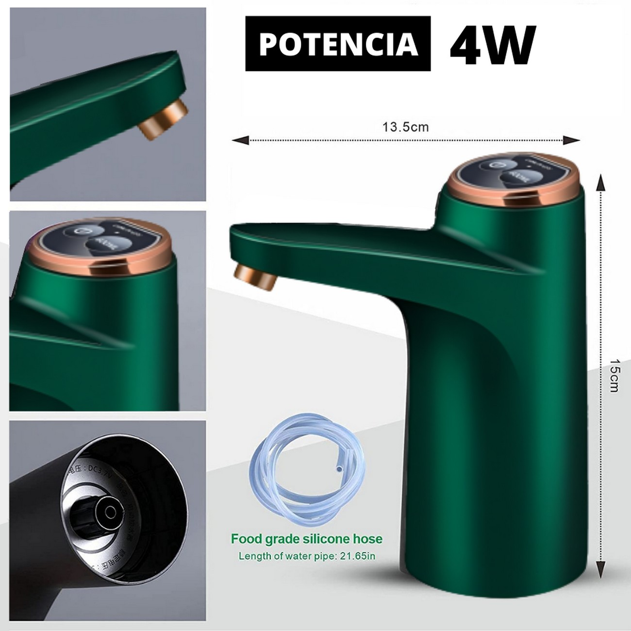 Dispensador de agua verde con detalles cobrizos, 13,5 cm ancho, 15 cm alto, con manguera de silicona azul.