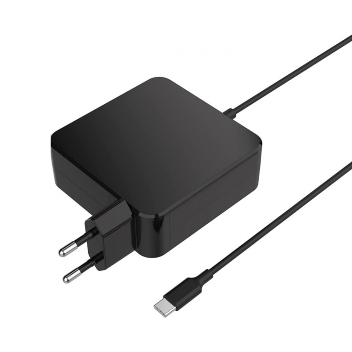 Un cargador de portátil negro con un conector USB-C y un enchufe de dos clavijas.