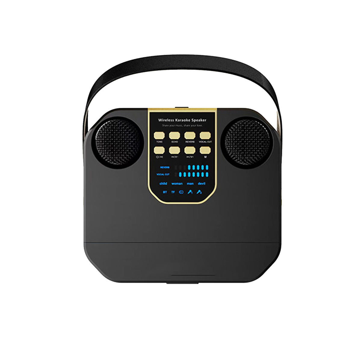 Altavoz de karaoke negro con detalles dorados. Tiene botones, asa y dos altavoces.