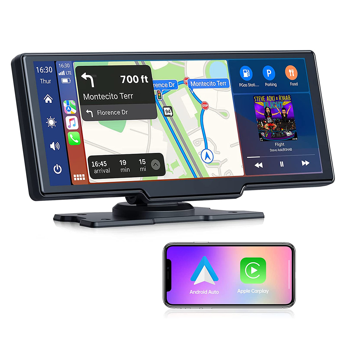Una pantalla de navegación del coche que muestra un mapa y controles de música. Un teléfono debajo muestra Android Auto.