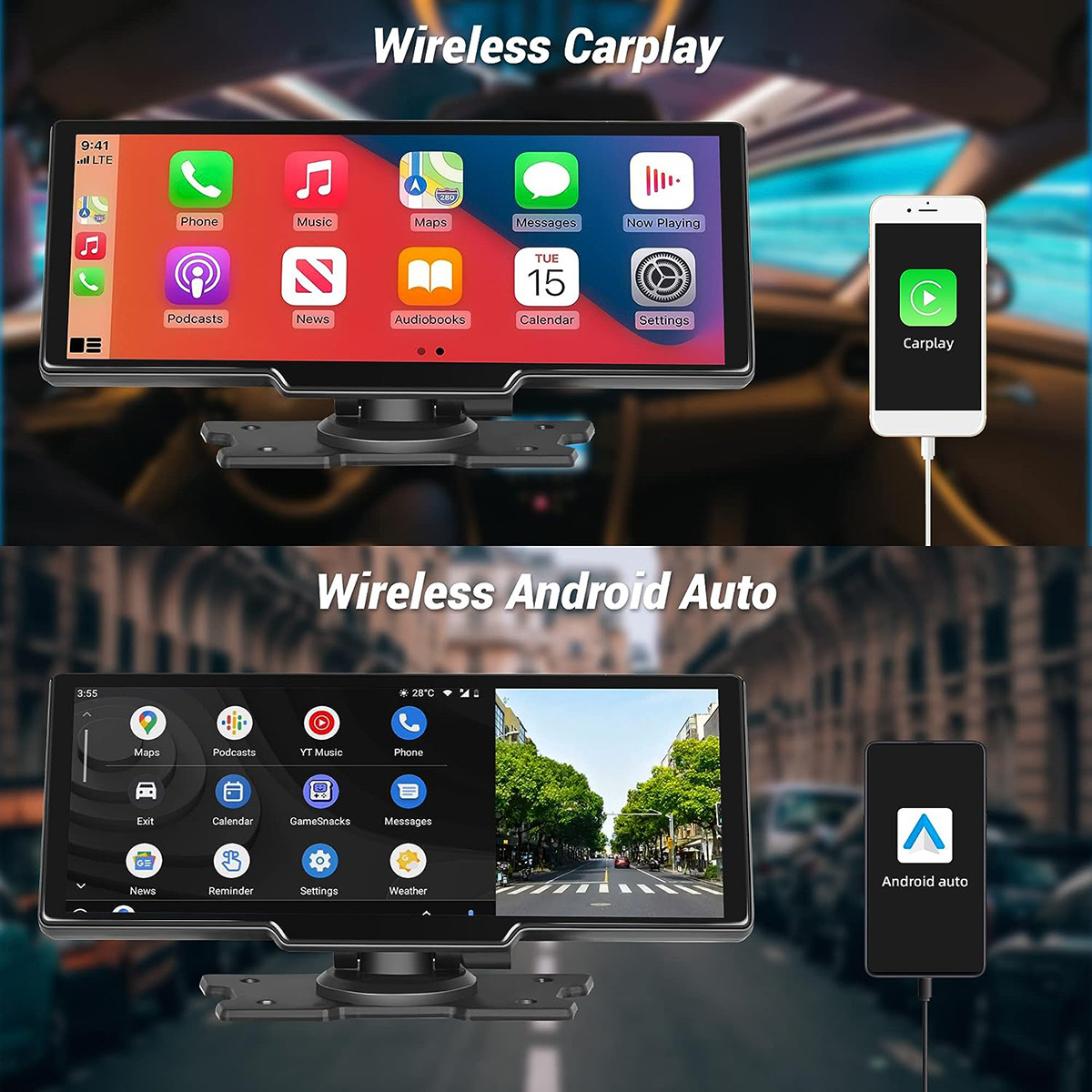 Dos pantallas muestran interfaces Wireless CarPlay y Android Auto, con teléfono y pantalla de coche.