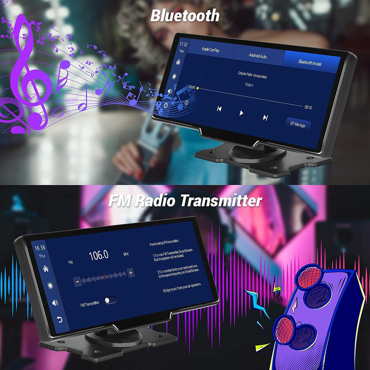 Dos pantallas que muestran la radio del coche y la interfaz Bluetooth. Aparecen notas musicales moradas.