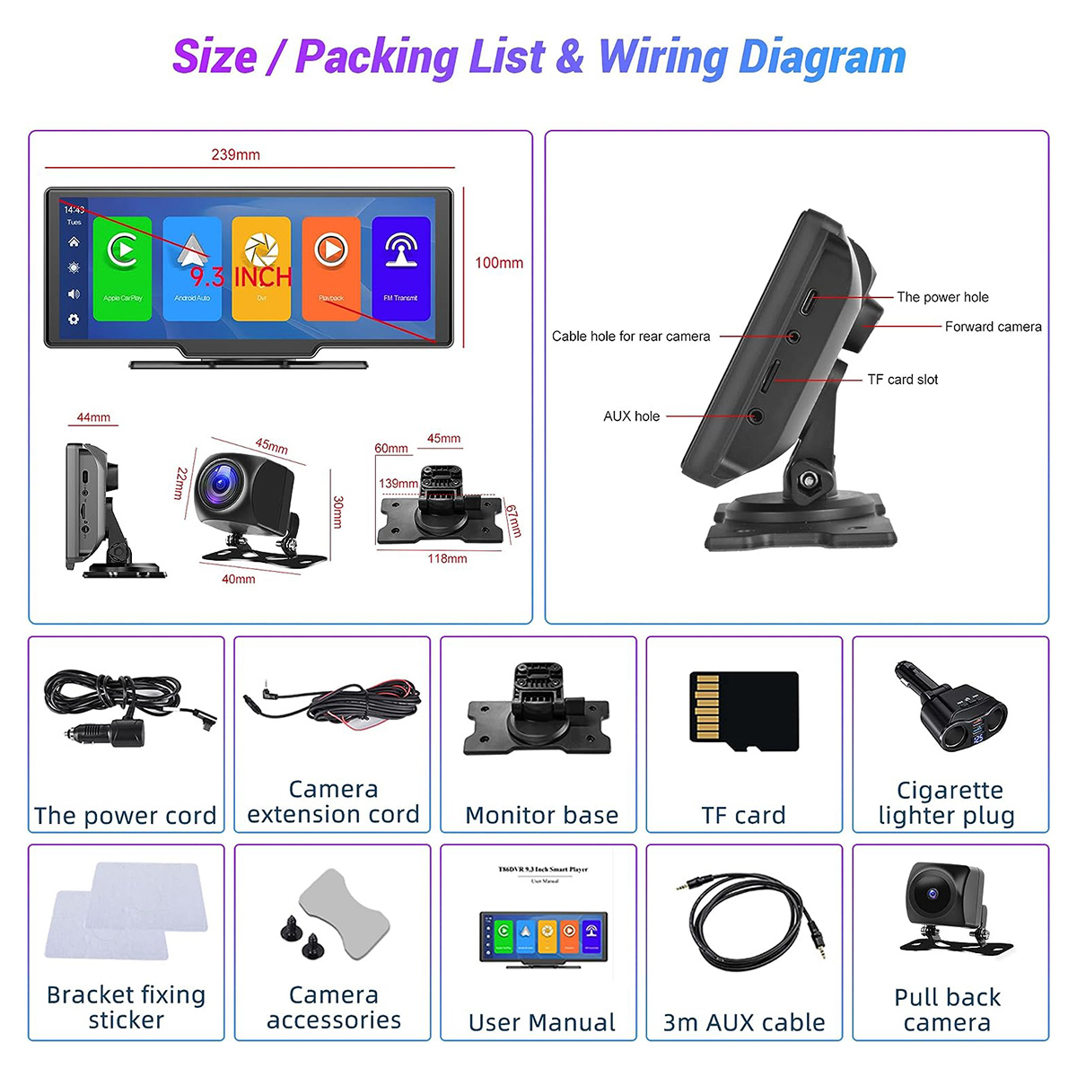 Diagrama con un monitor de coche, cámara y accesorios. Incluye dimensiones y etiquetas.