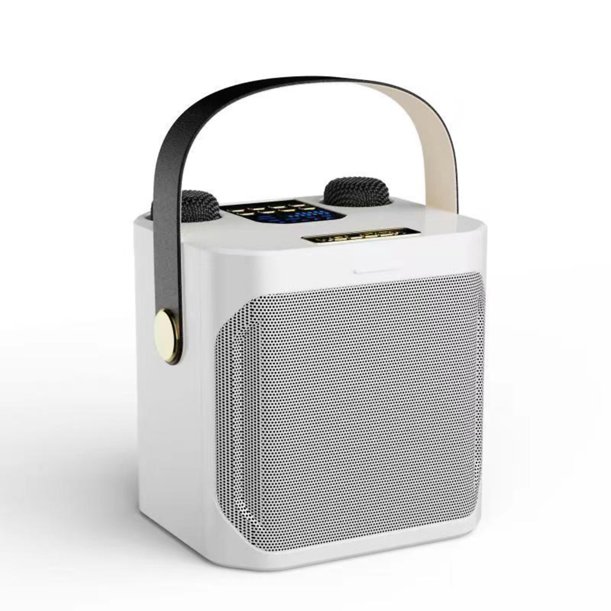 Un altavoz portátil blanco con asa negra, frontal perforado y dos micrófonos.