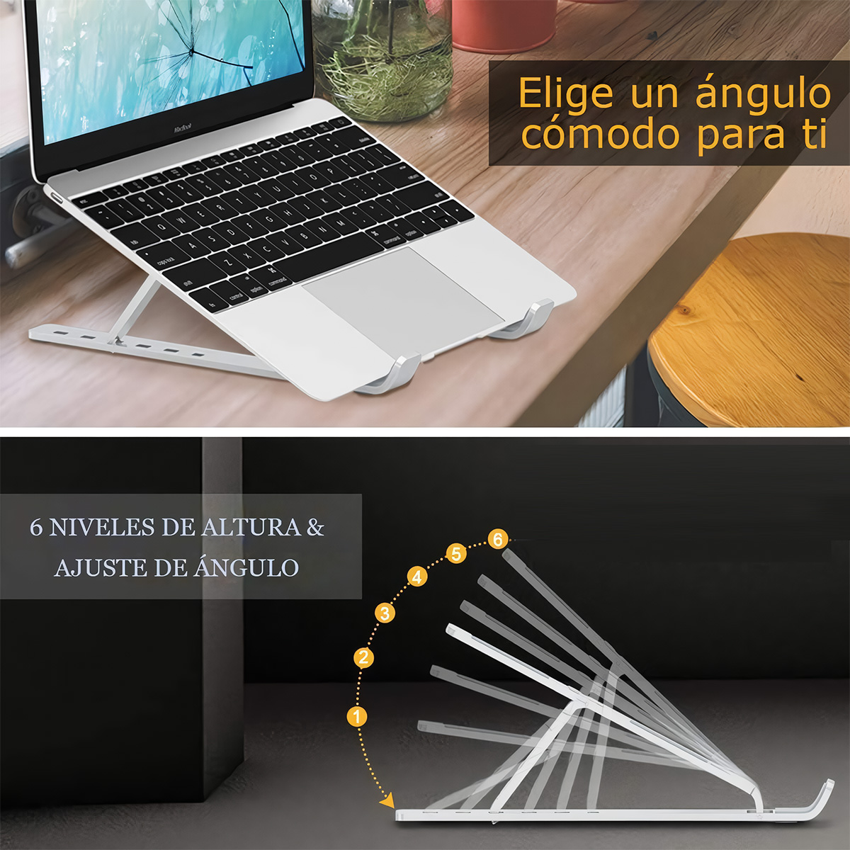 Una laptop en un soporte plateado. El soporte tiene ajustes de altura. Diagrama muestra ajustes de ángulo.