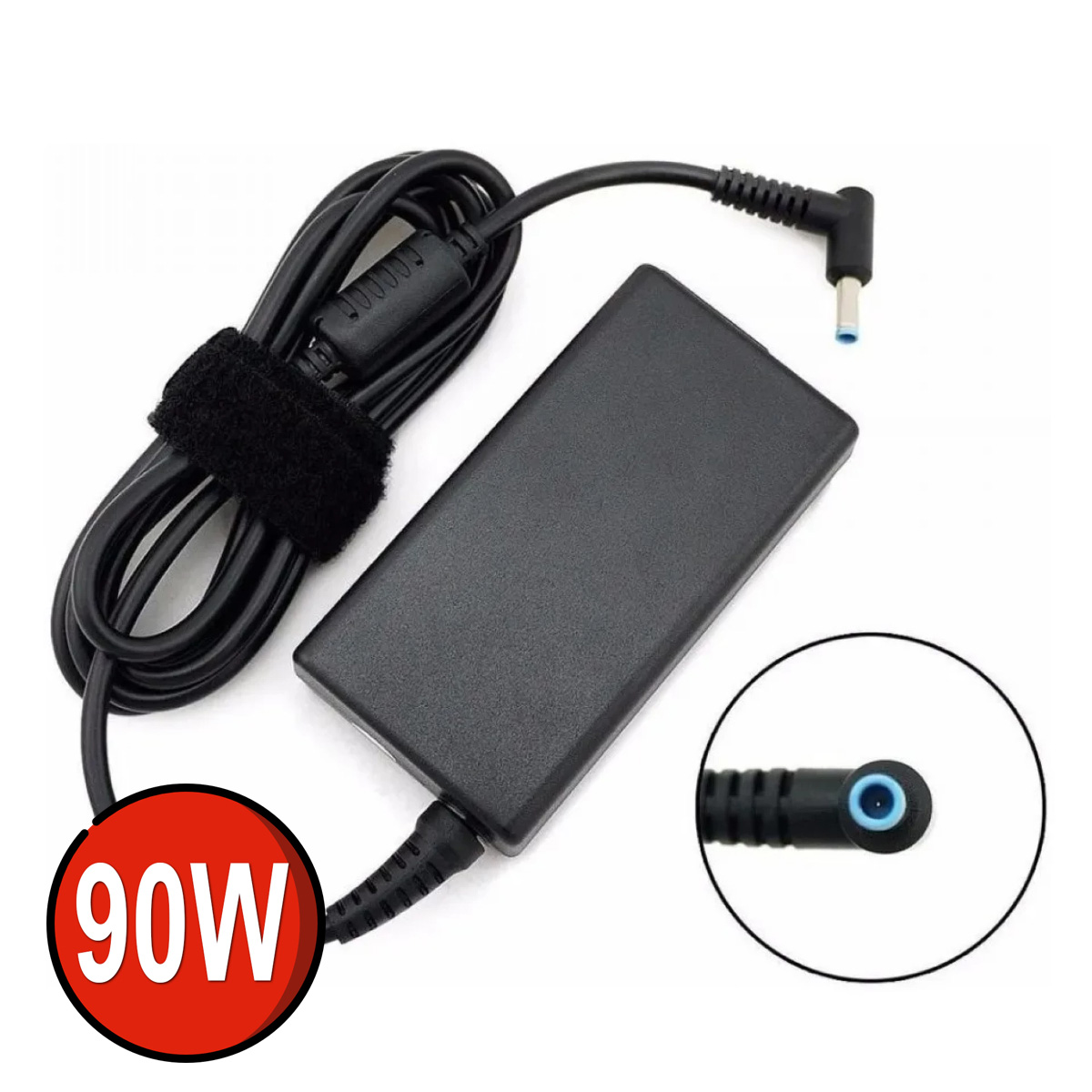 Cargador de portátil negro de 90W con cable negro y conector azul. Fondo blanco.