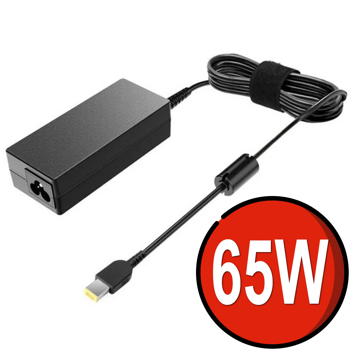 Un cargador de portátil negro con una etiqueta de 65W y un enchufe estándar de dos clavijas.