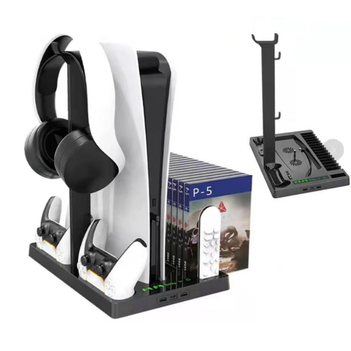 Soporte para consola PS5 y accesorios. Incluye cargadores de mando, carcasas de juegos y soporte para auriculares.