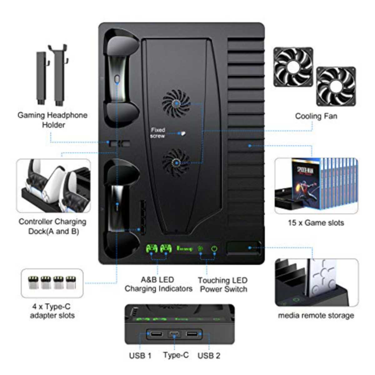 Accesorio negro para consola de juegos con ranuras, ventiladores y estaciones de carga.