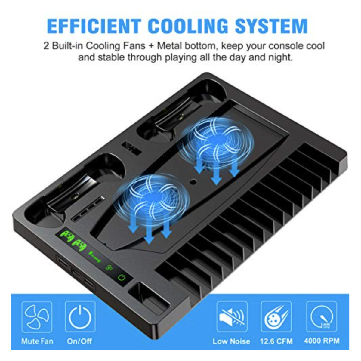 Dispositivo de ventilador de refrigeración negro con dos ventiladores e iconos de silencio, encendido y bajo ruido.