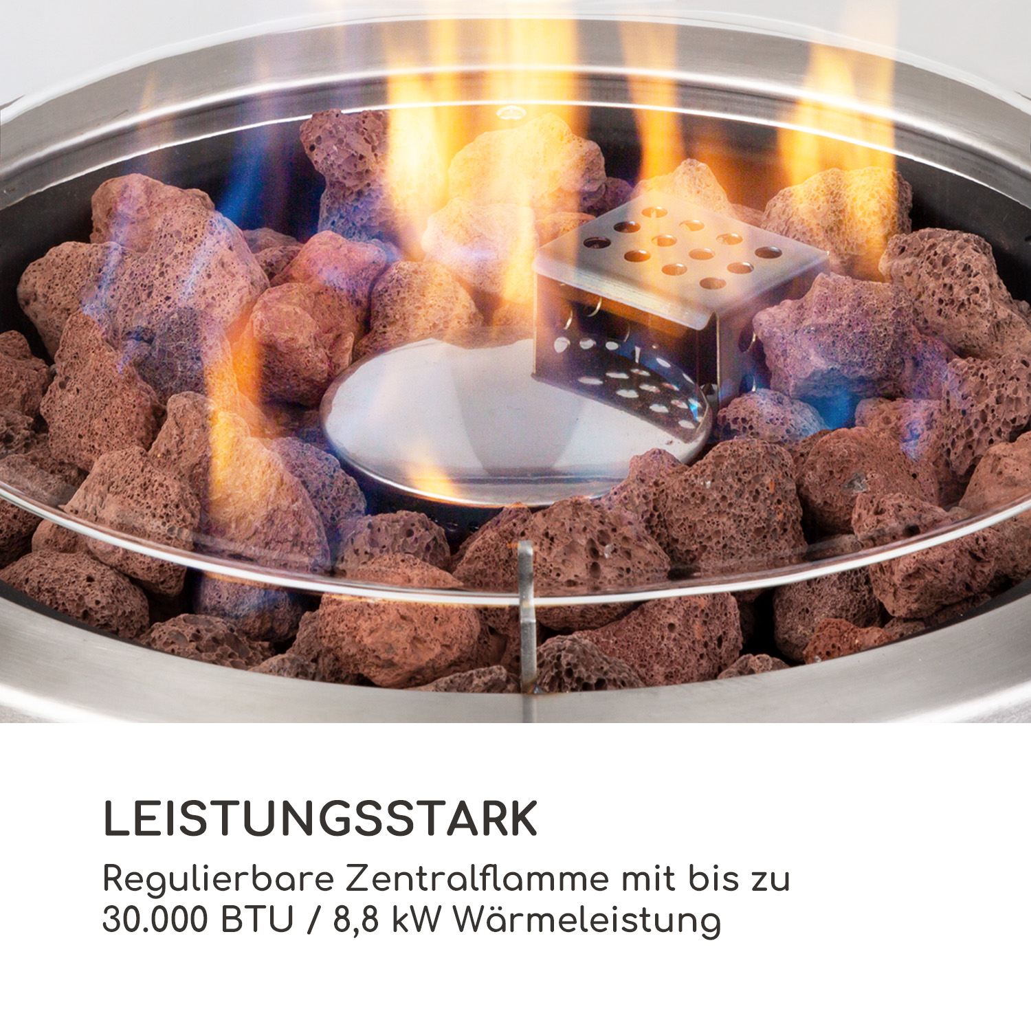 Feuerstelle mit Lavagestein und Flammen. Text: Leistungsstark, Zentralflamme mit 30.000 BTU.