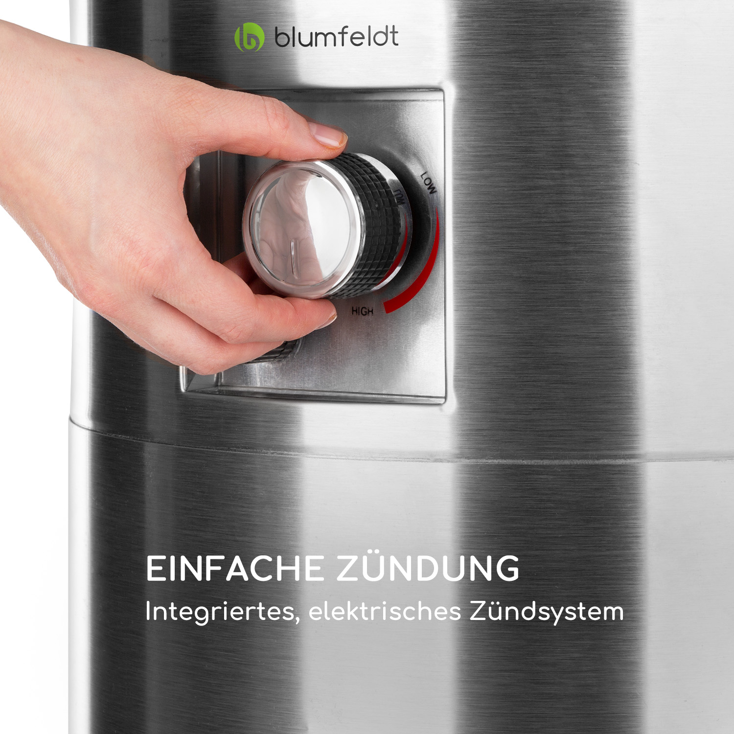 Eine Hand, die einen Drehknopf an einem silbernen Gerät dreht. Text: 'EINFACHE ZÜNDUNG' und 'Integriertes, elektrisches Zündsystem'.