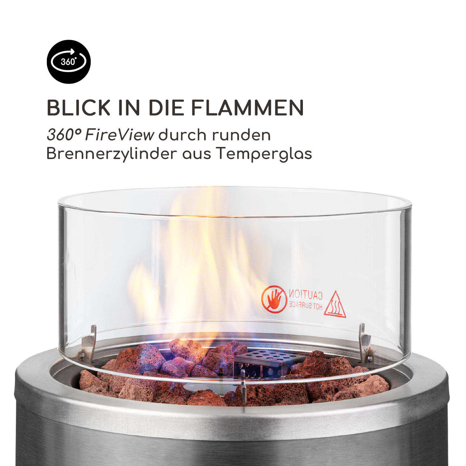 Feuerstelle mit Glasschild, Flammen und roten Lavasteinen, Nahaufnahme.