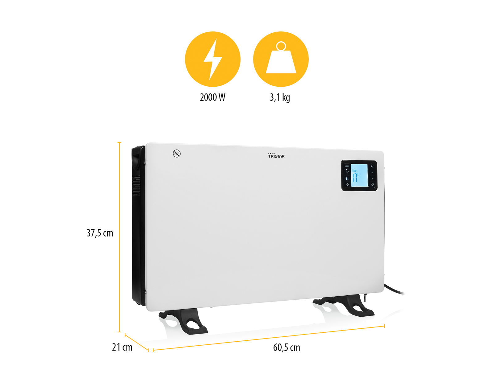 Biały grzejnik elektryczny z wymiarami. Posiada wyświetlacz cyfrowy oraz ikony mocy i wagi.