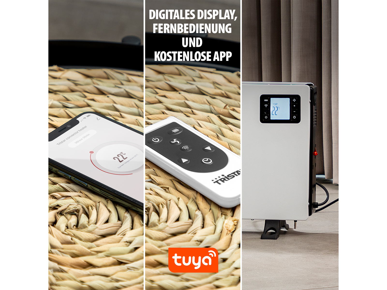 Tryptyk pokazujący telefon, pilota i grzejnik. Telefon pokazuje interfejs aplikacji.