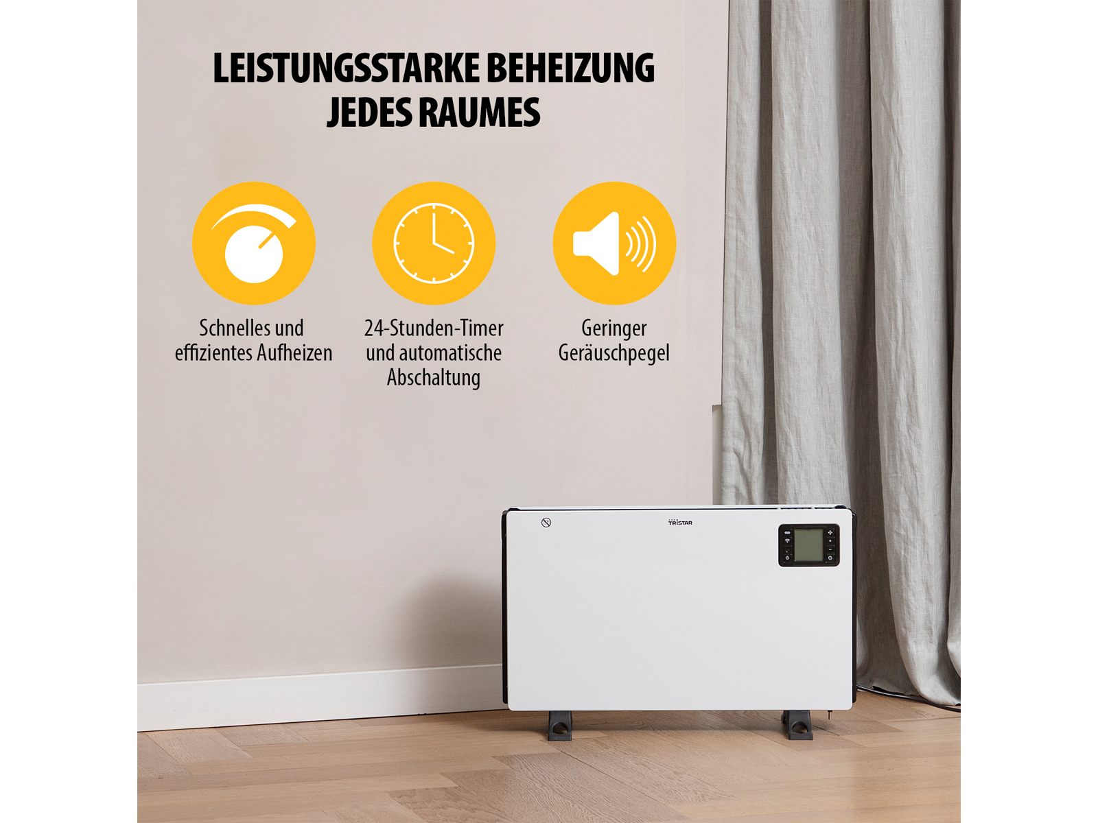 Biały grzejnik z panelem sterowania, trzy ikony i tekst na ścianie z zasłoną.