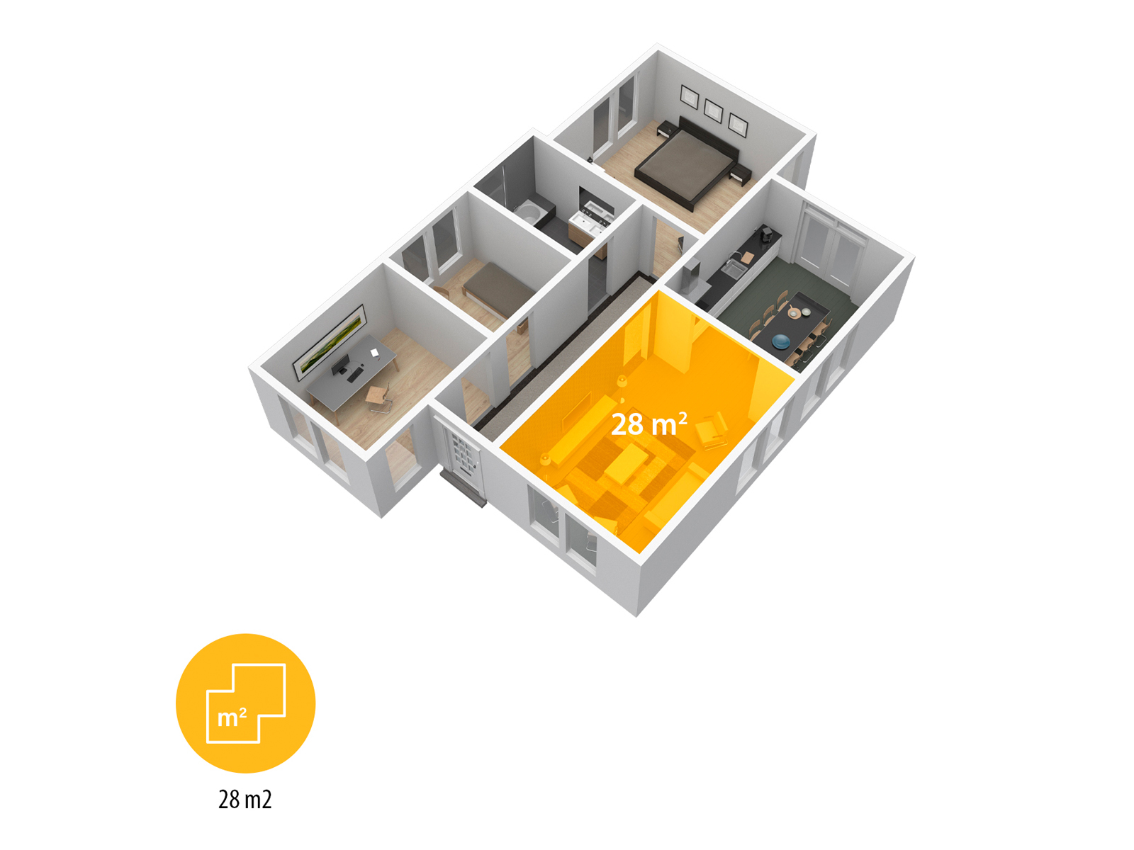 Plan domu 3D. Wyróżniony obszar 28 m². Pokoje obejmują sypialnię, kuchnię, salon i biuro.