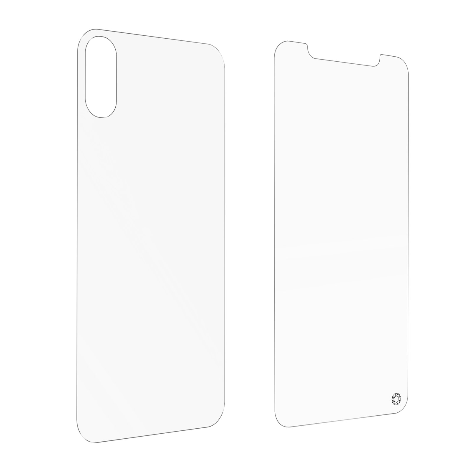Outlines of two phone screen protectors. One with a camera cutout, and one without. White background.