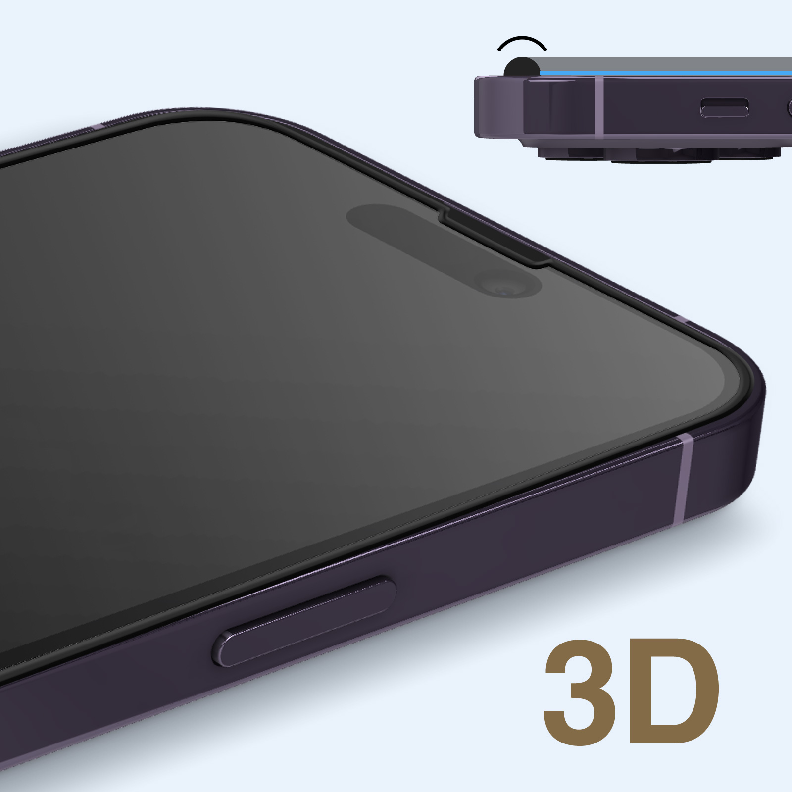 Een paarse telefoon met een 3D-schermbeschermer erop, met een inkeping aan de bovenkant.