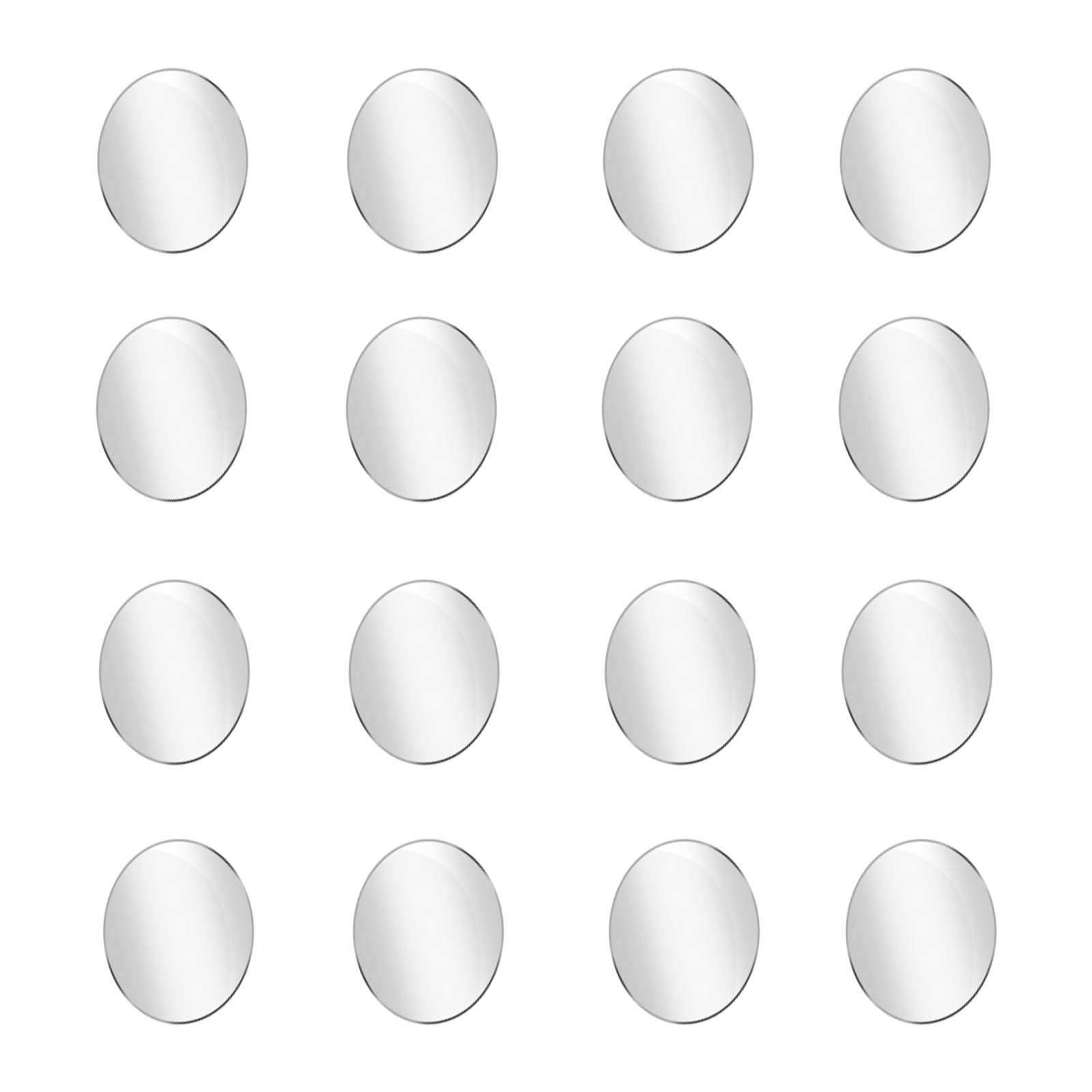 Sedici oggetti circolari, riflettenti, color argento, disposti in una griglia 4x4 su sfondo bianco.