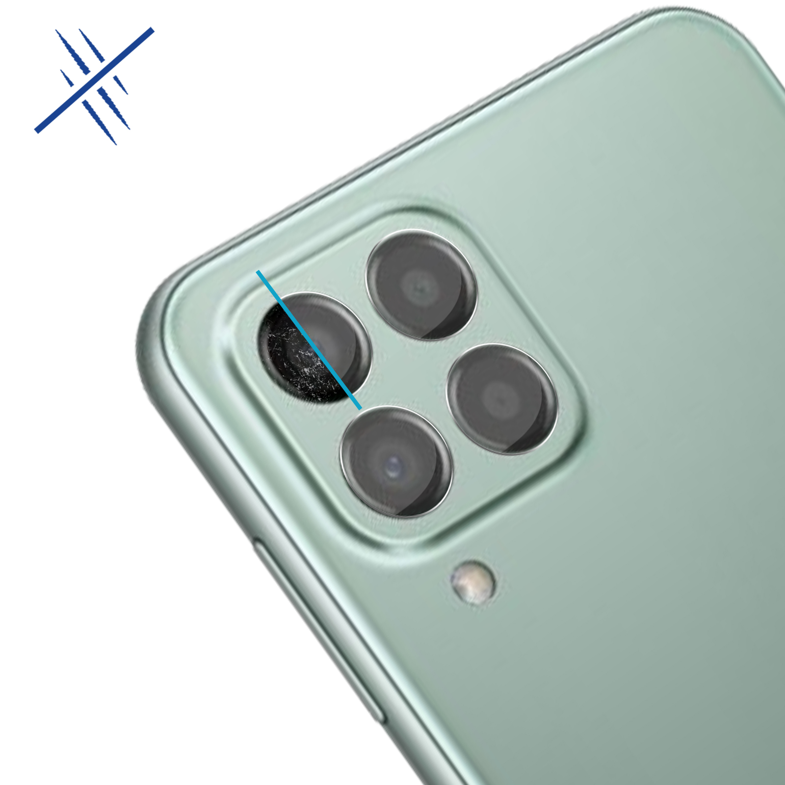Primo piano del retro di un telefono verde menta con quattro lenti circolari della fotocamera. Una linea blu attraversa diagonalmente la lente superiore.