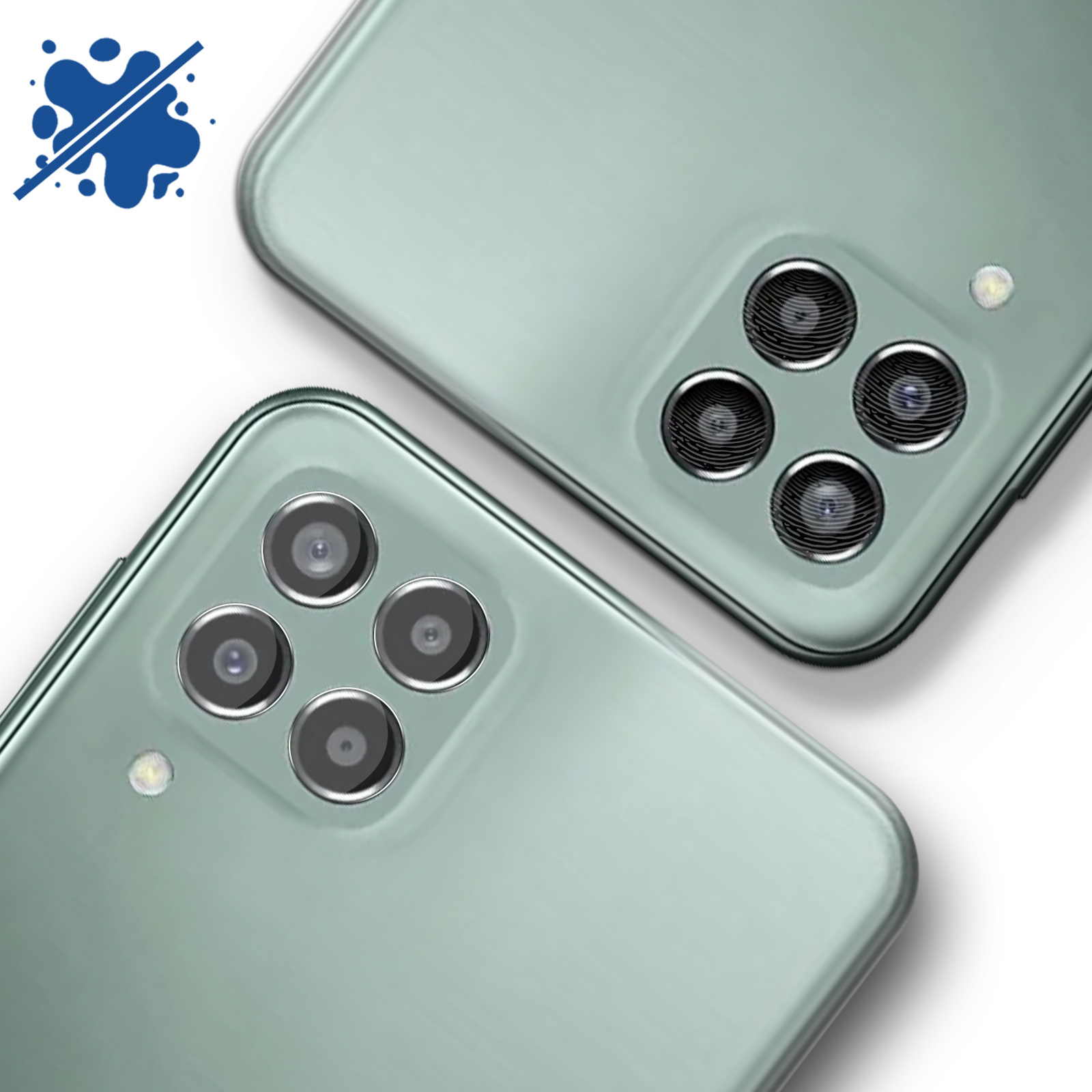 Due smartphone verdi con gruppi di fotocamere. Un telefono ha un segno di spruzzo blu con una linea in alto a sinistra.