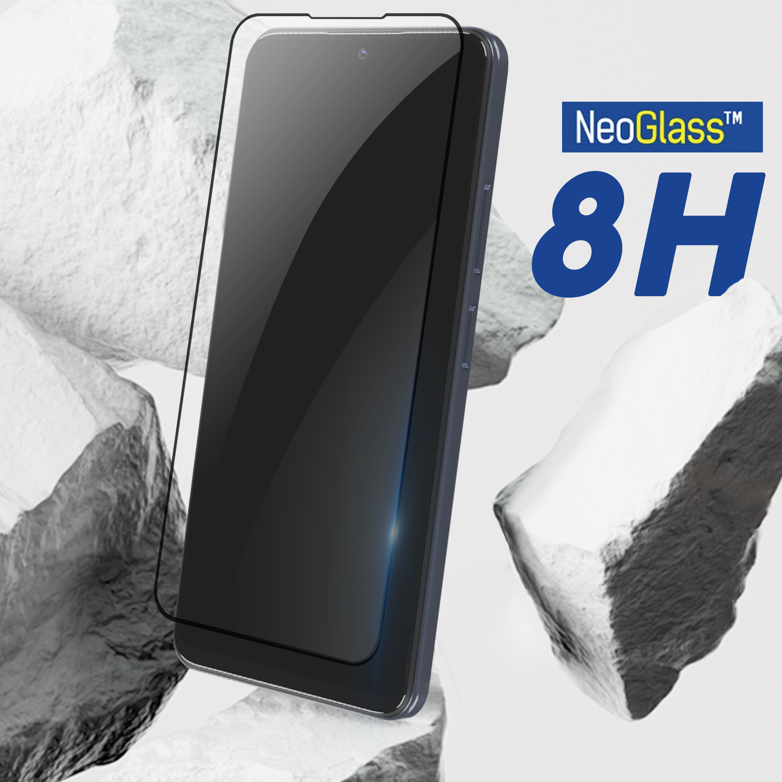 Uno smartphone con protezione schermo, circondato da rocce.