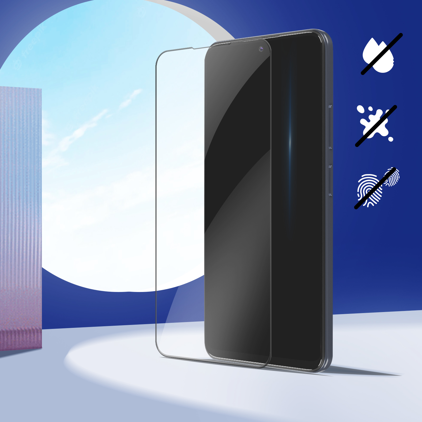 Uno smartphone con protezione schermo. Icone di liquido, schizzi e impronte digitali sono barrate.