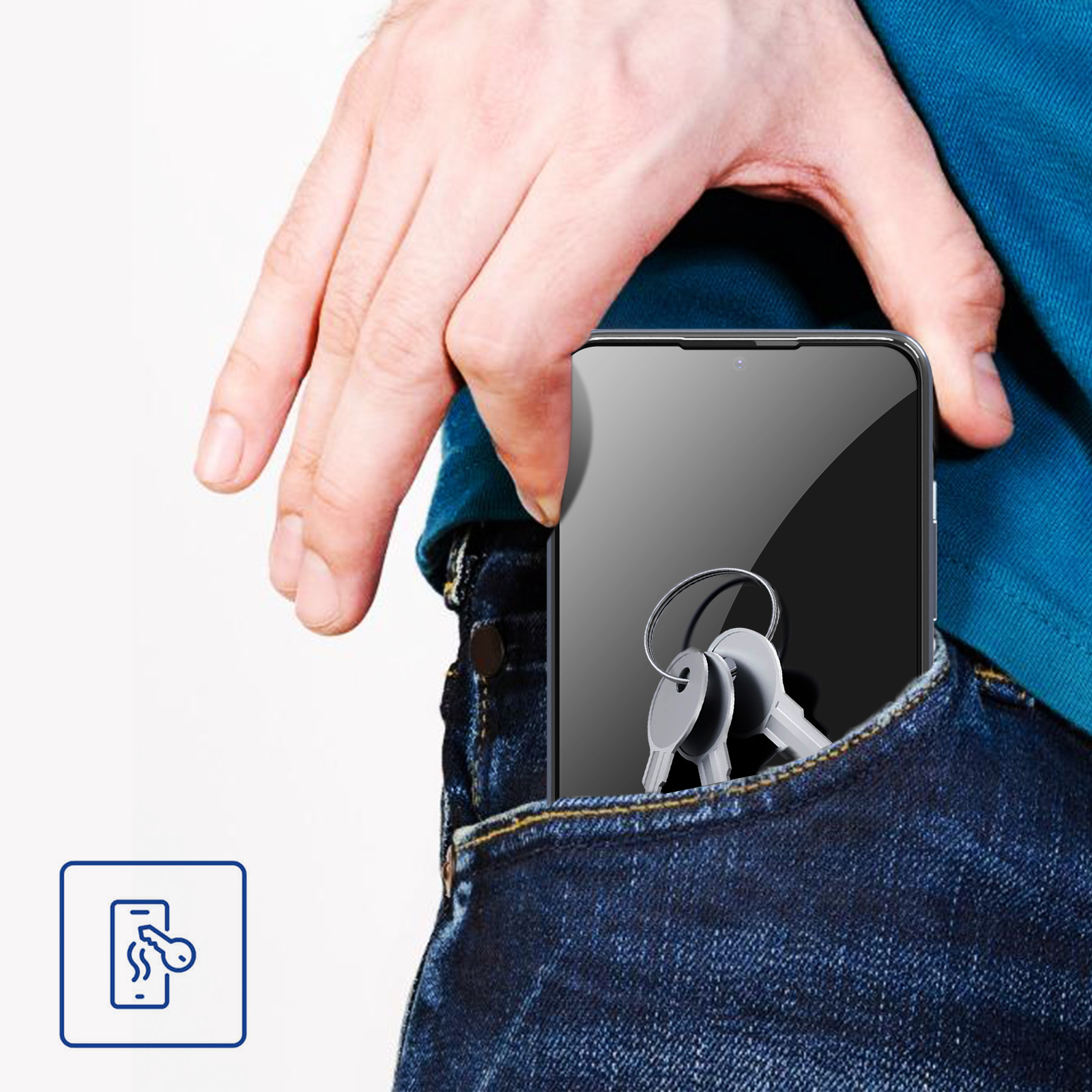 Un telefono con chiavi in una tasca di jeans. Icona di sicurezza del telefono.