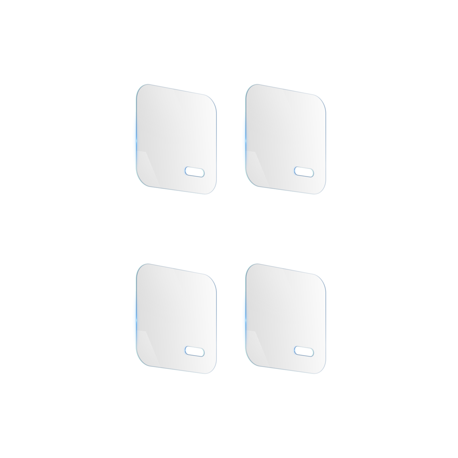 Cztery przezroczyste ochraniacze ekranu na białym tle, każdy z małym, owalnym wycięciem na dole.