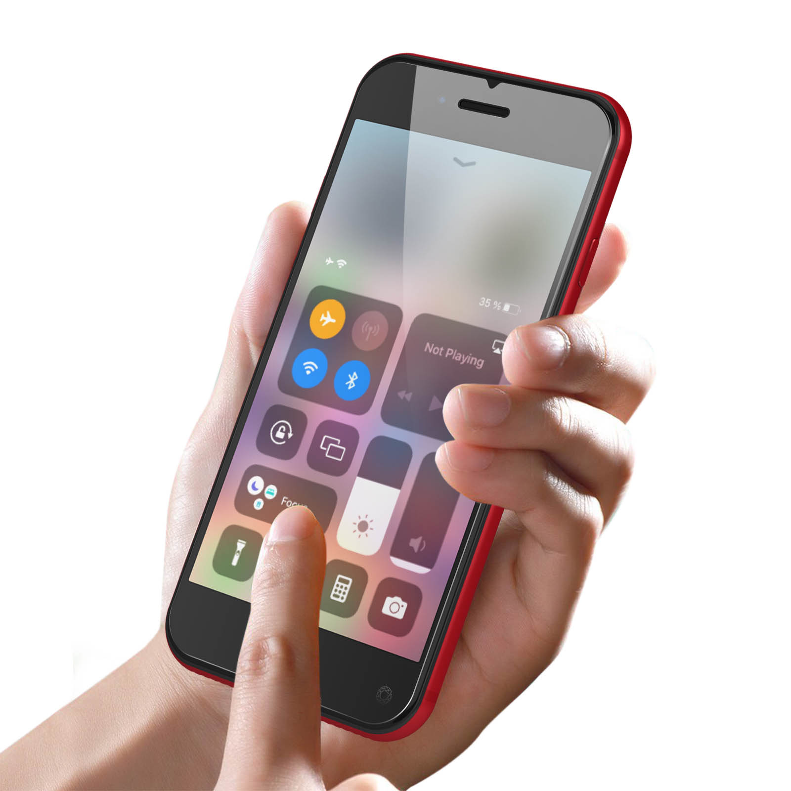 Hand holding a red phone with control center interface. White background.