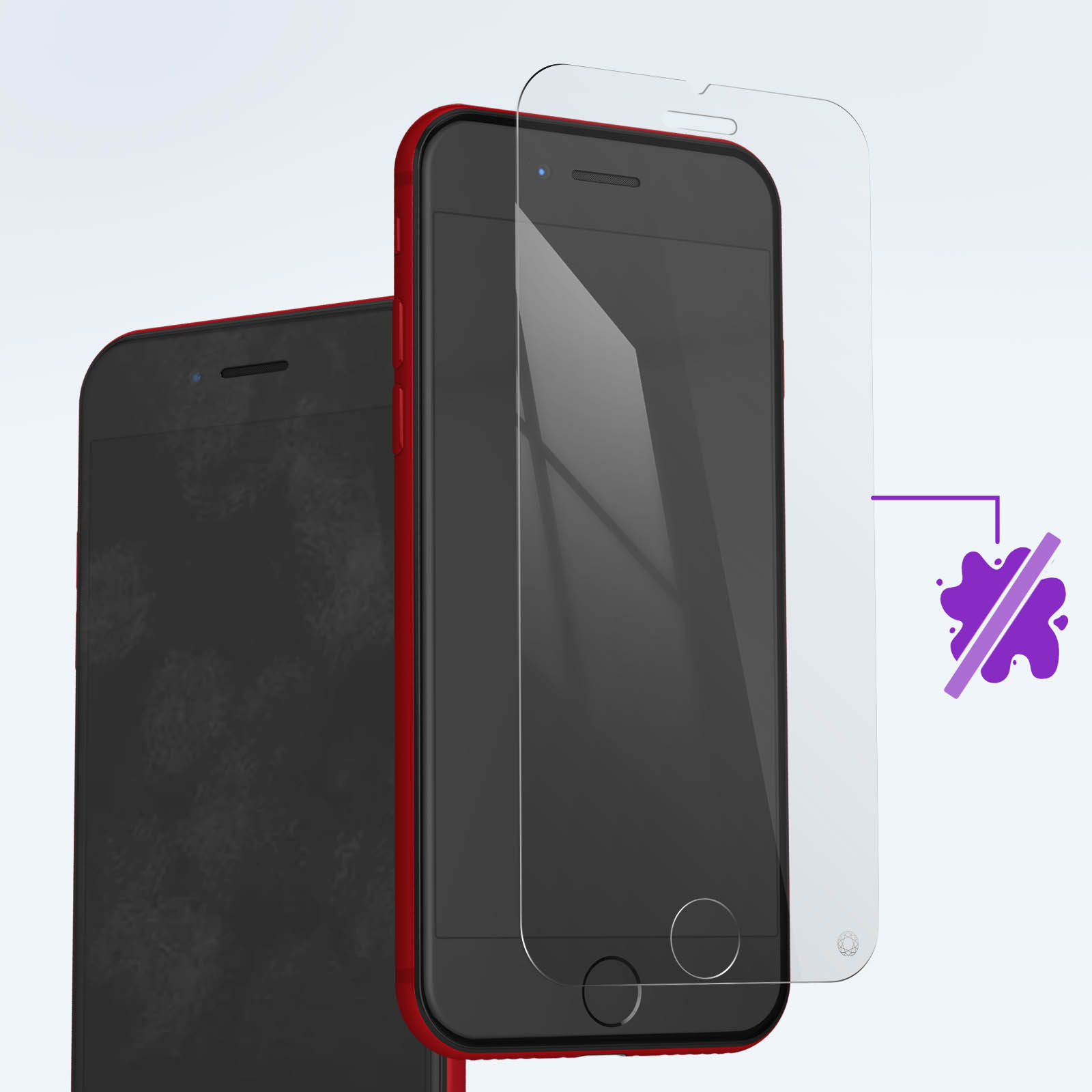 Two phones with screen protectors. One phone is red, the other is black. A purple splash is on the side.