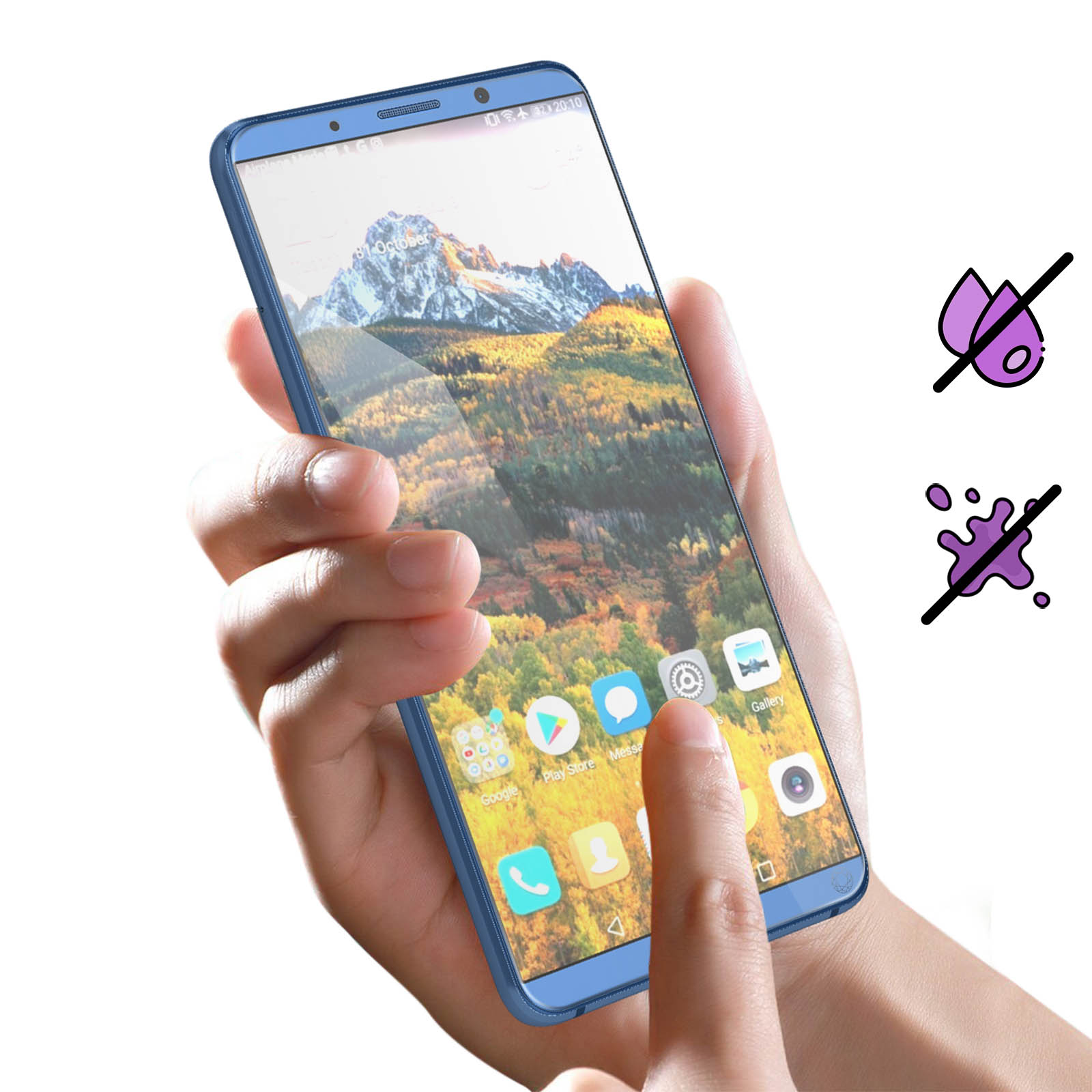 Une personne tenant un téléphone bleu. L'écran du téléphone affiche un paysage de montagne et des icônes.