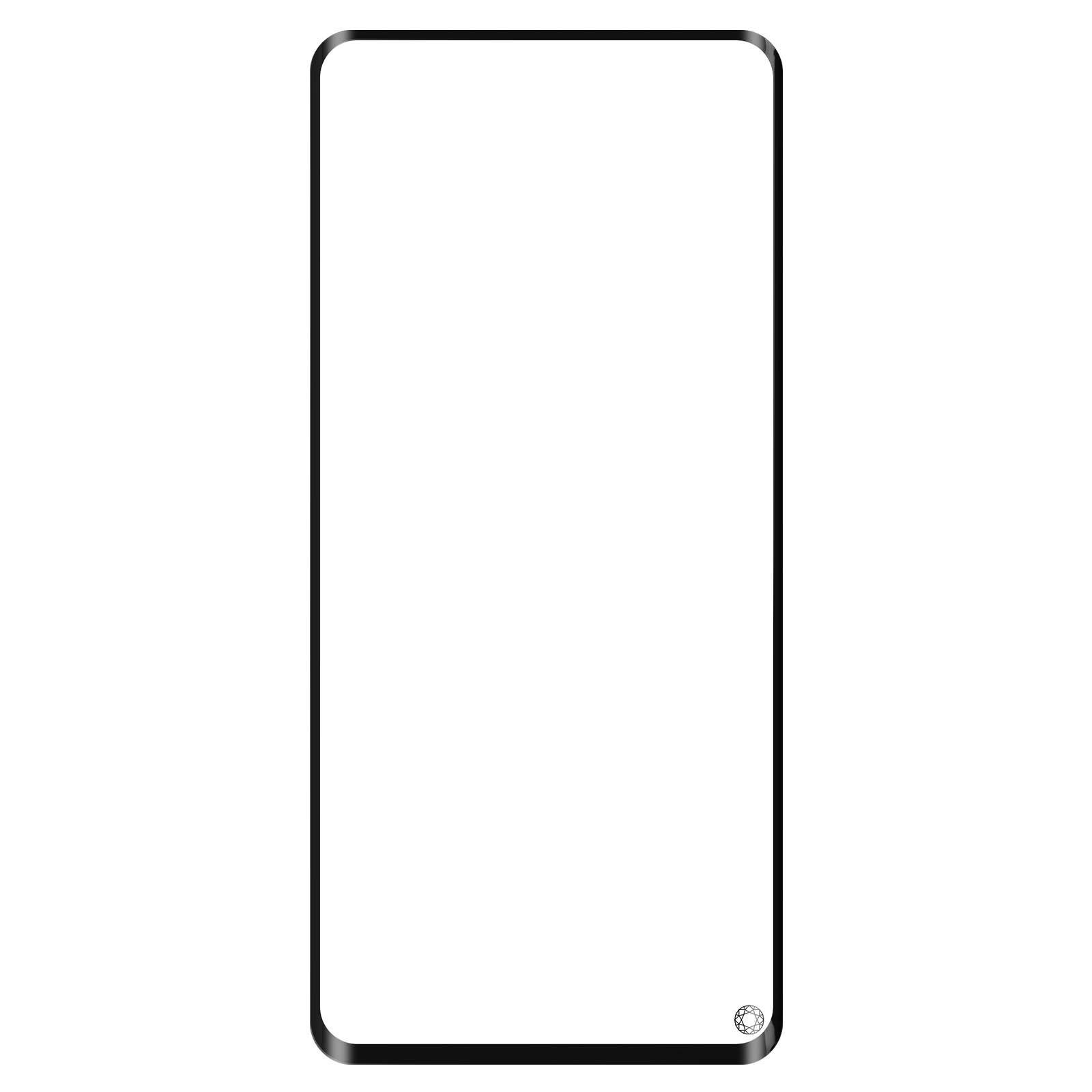 Protecteur d'écran de téléphone transparent avec bord noir. Il a un petit logo en forme de diamant.