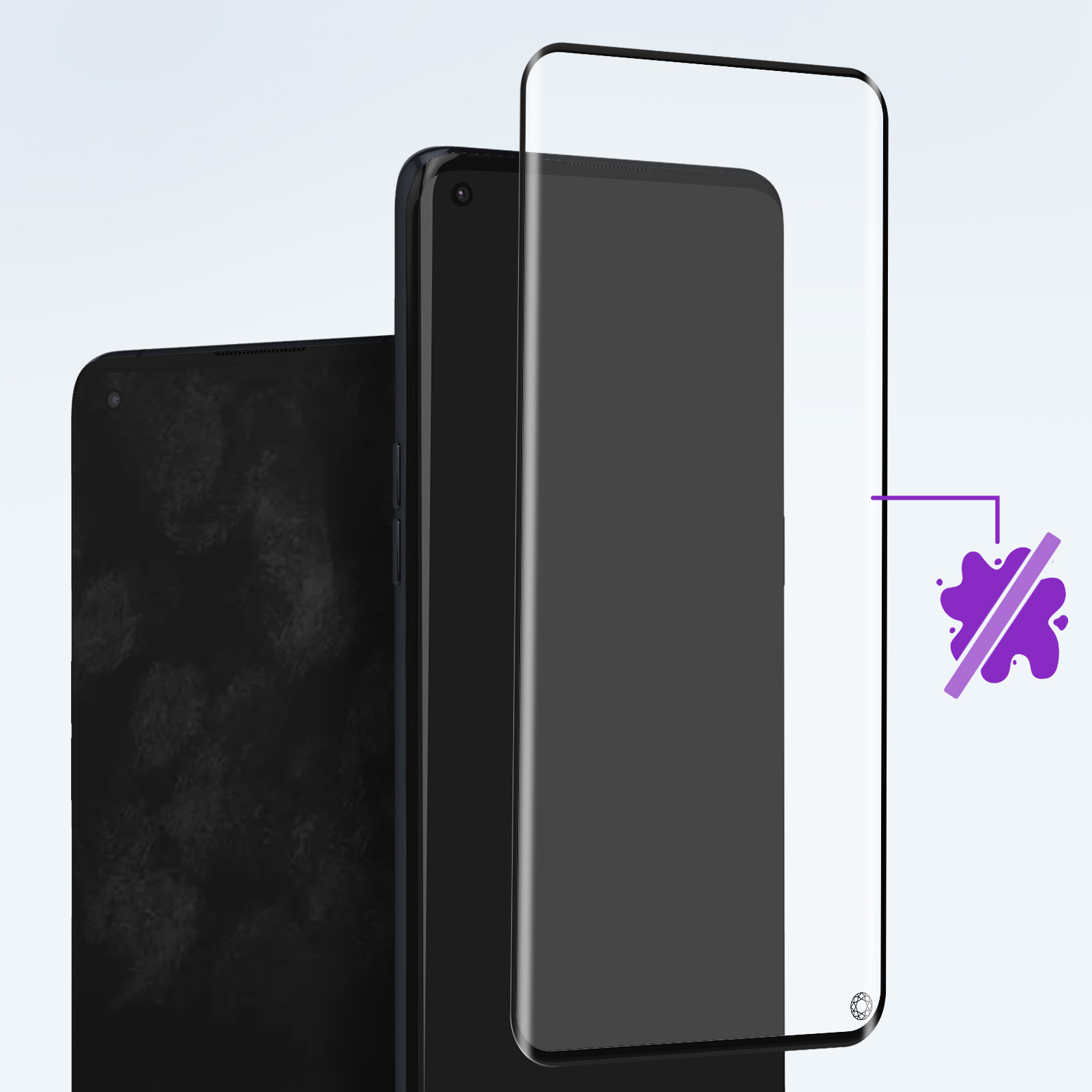 Deux téléphones noirs avec un protecteur d'écran, un sur l'écran. Une icône d'éclaboussure violette à droite.
