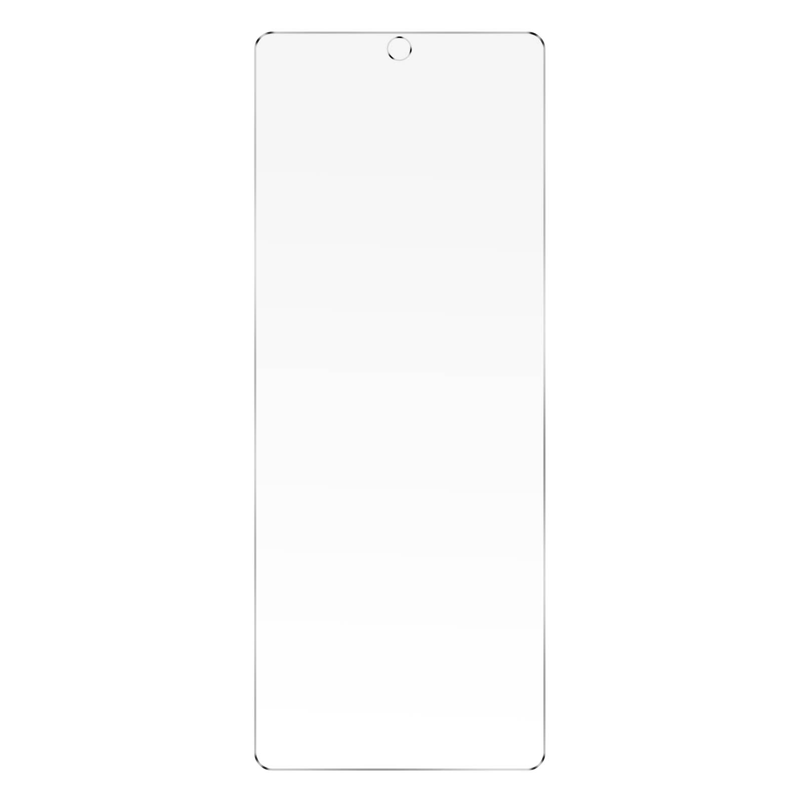Przezroczysta osłona ekranu do telefonu, odizolowana na białym tle. Ma otwór na aparat u góry.