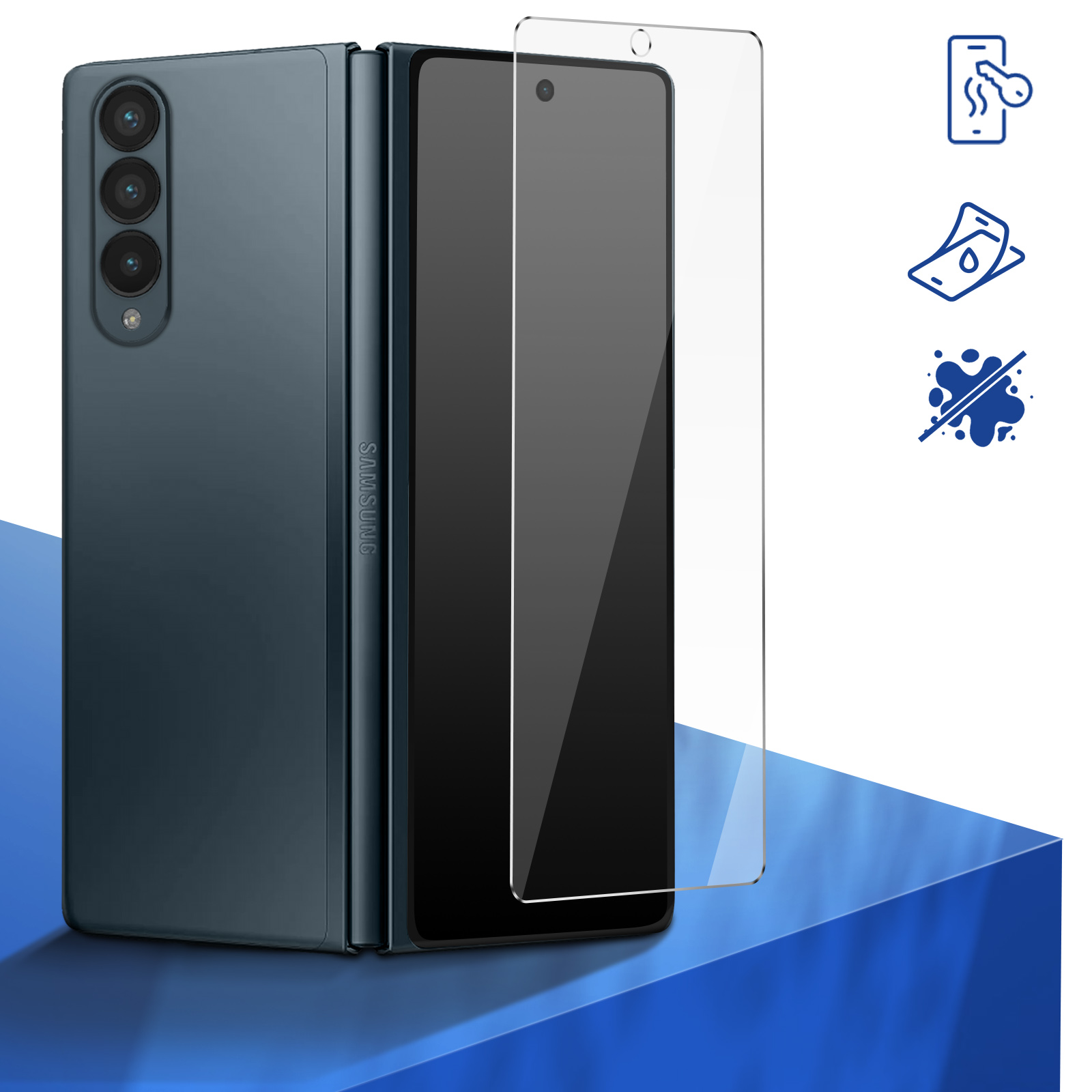Ciemnoniebieski składany telefon z nałożoną osłoną ekranu. Ikony pokazują odporność na odciski palców, smugi i wodę.