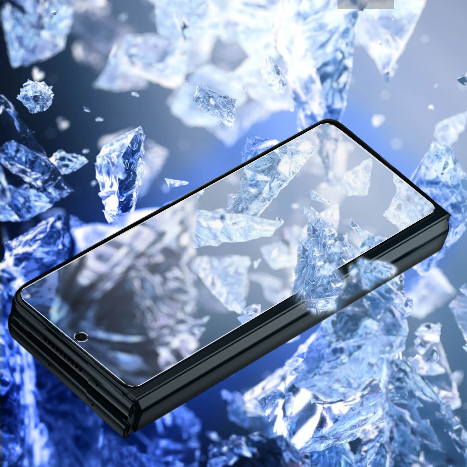 Czarny telefon z osłoną ekranu, otoczony odłamkami lodu. Telefon jest częściowo otwarty.