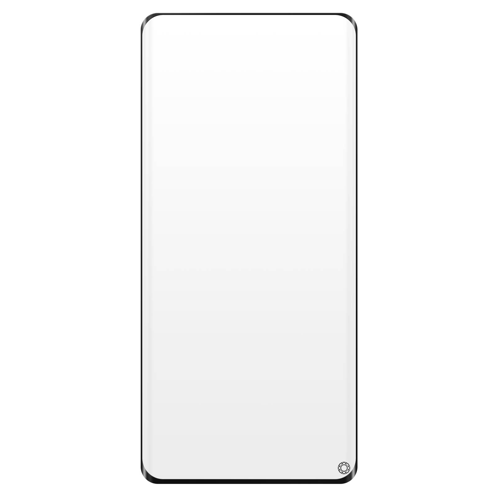 Een heldere schermbeschermer voor een telefoon. Het is rechthoekig met afgeronde hoeken.