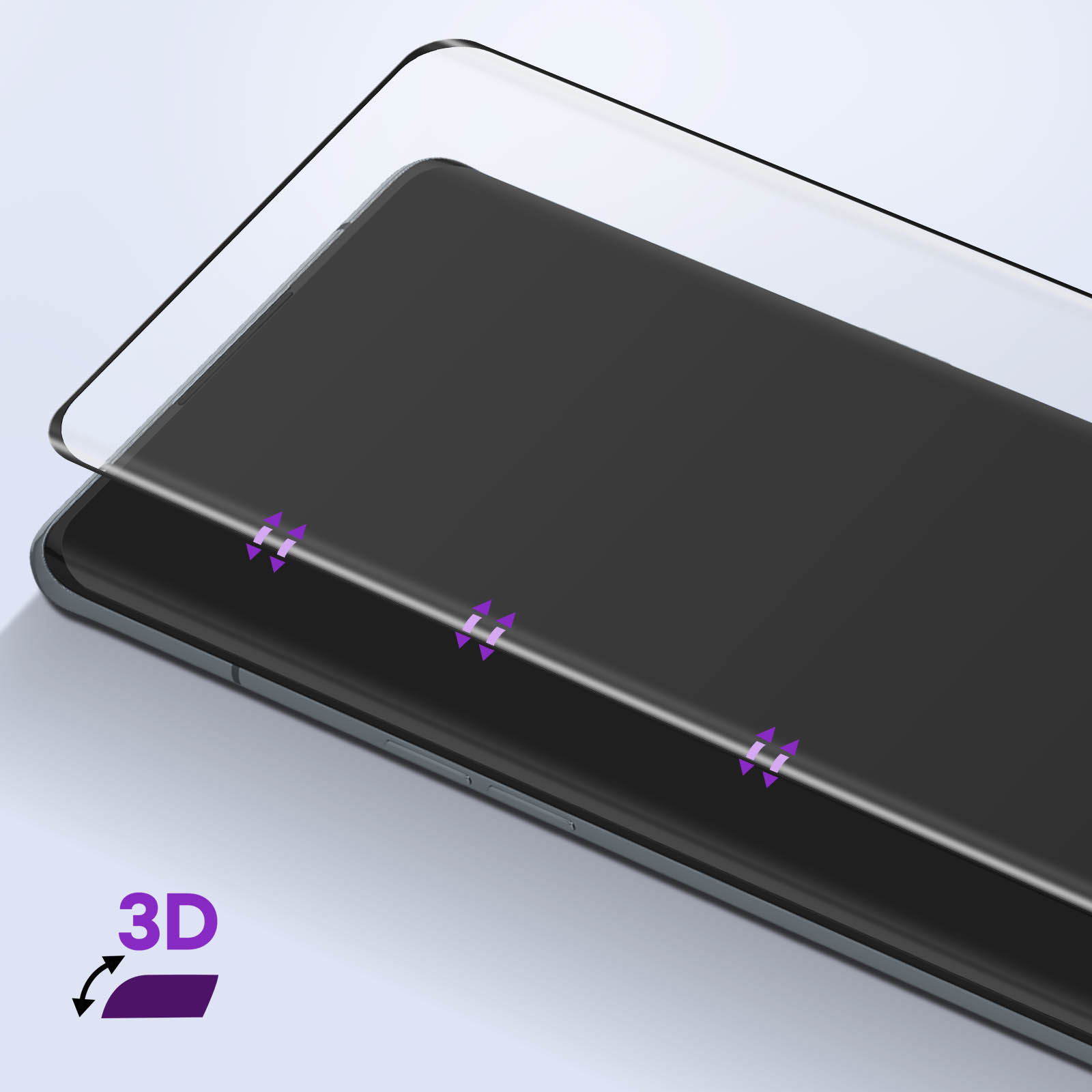Een schermbeschermer met 3D-label en pijlen die de toepassing aangeven.