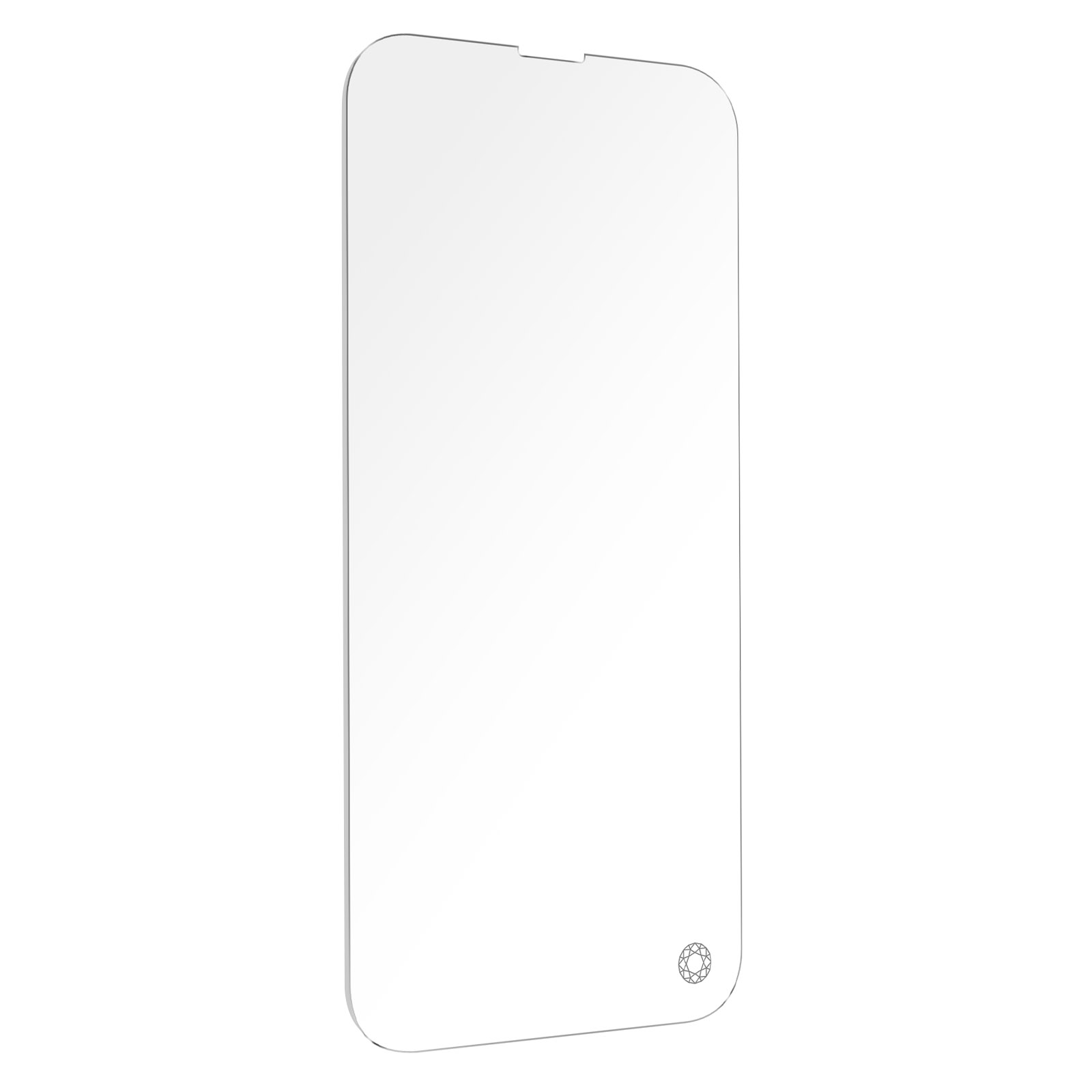 Protecteur d'écran transparent avec un petit bijou dans le coin, isolé sur blanc.