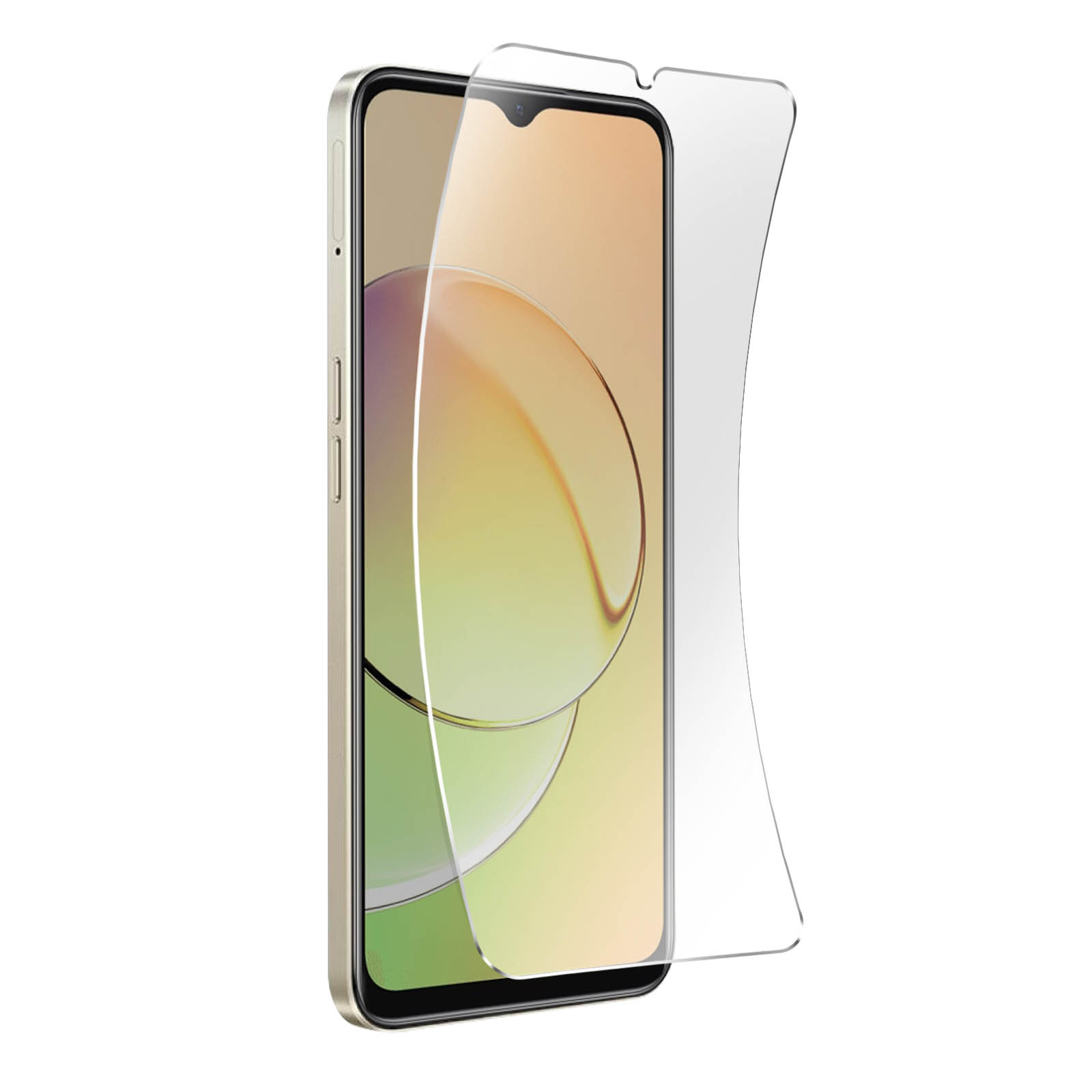 Un smartphone avec un protecteur d'écran est affiché, montrant l'écran du téléphone et le protecteur transparent.