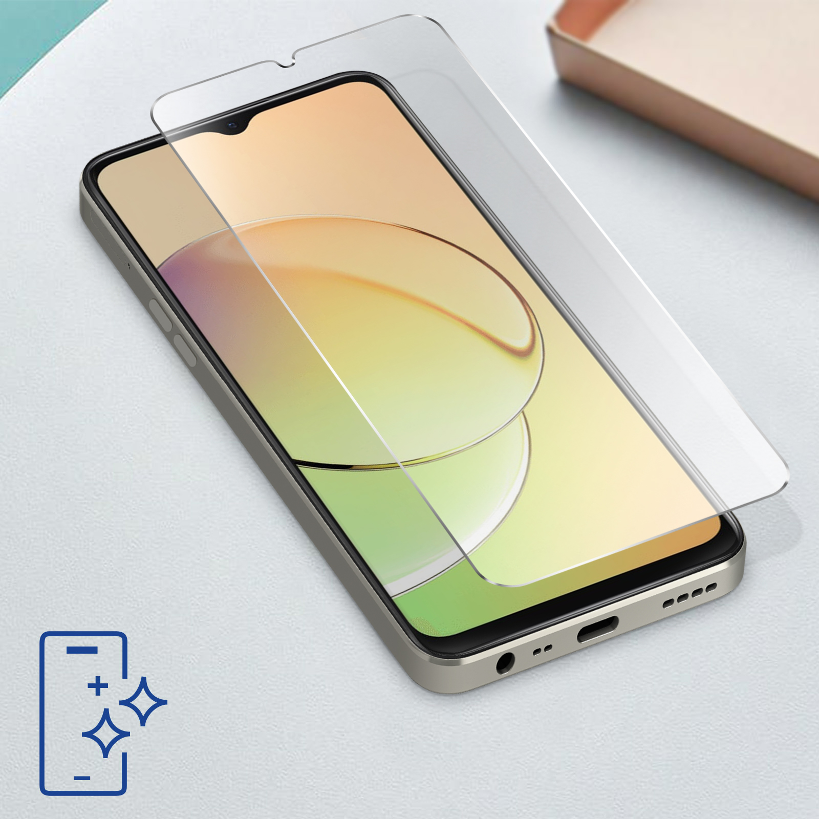Un téléphone avec protecteur d'écran sur une surface blanche. L'écran affiche un dégradé jaune et vert.