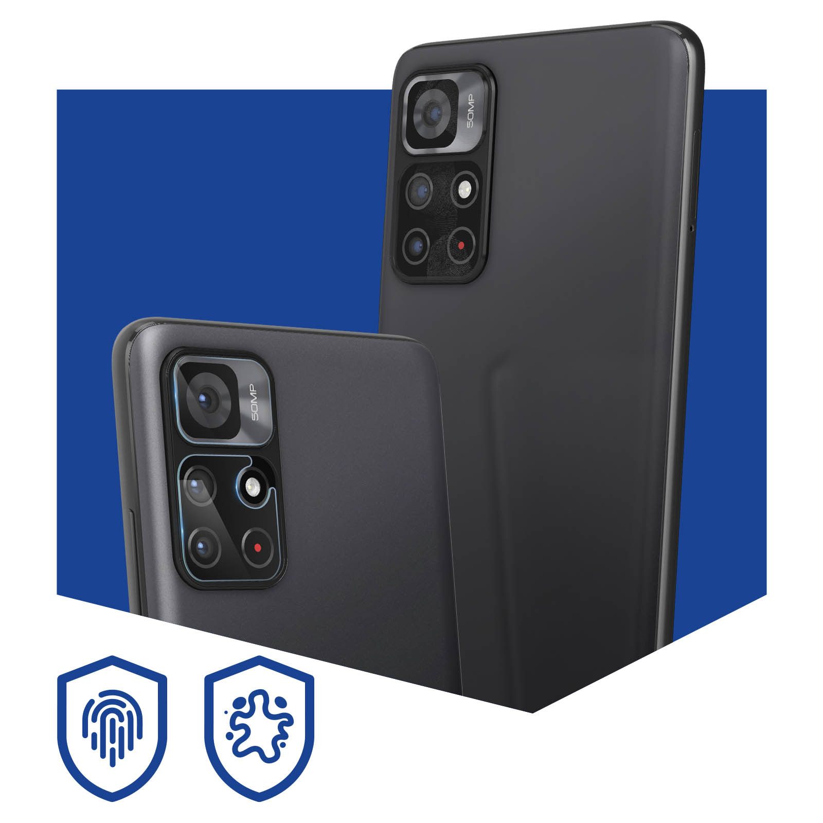 Due smartphone neri con protuberanze della fotocamera su sfondo blu e bianco. Icone di impronte digitali e schizzi.