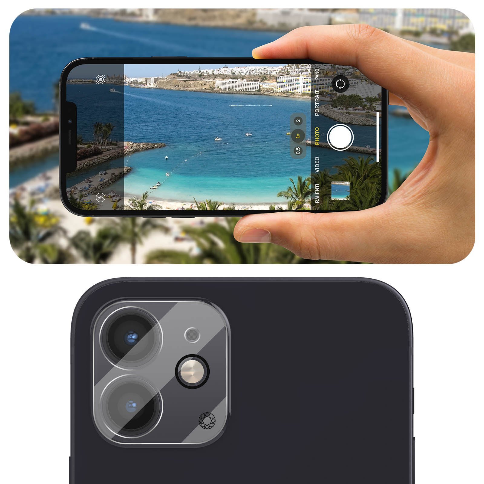 Une personne tenant un téléphone, prenant une photo d'une scène de plage, avec une coque de téléphone à l'arrière.